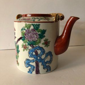 Vintage Porcelain Multicolor Imari Floral Teapot with Bamboo Handle